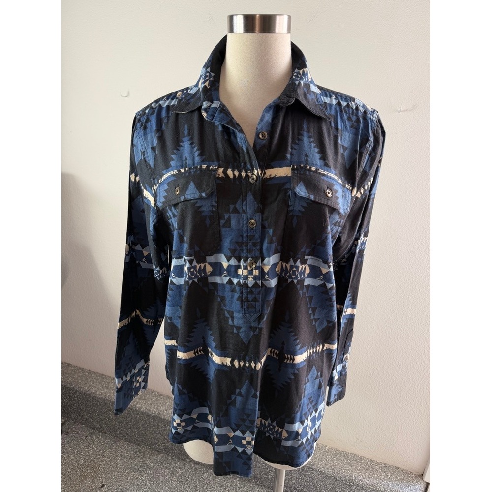 Chaps Womens Large Blue Black Southwestern Aztec Button Front Shirt Western